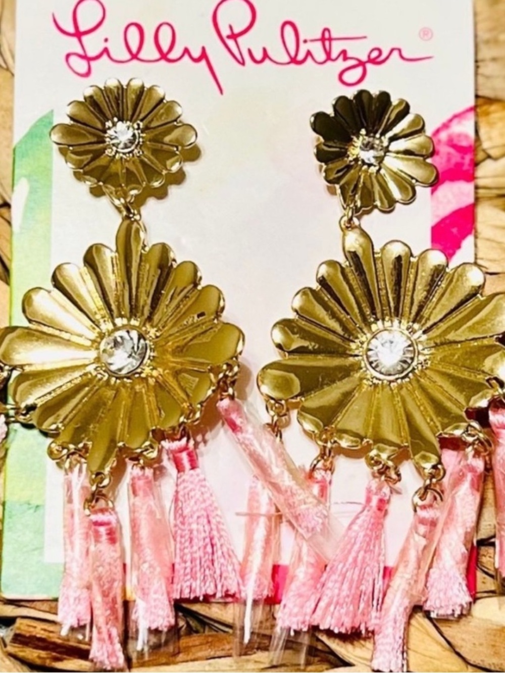 Lilly Pulitzer Gold & Pink Daisy Tassel Drop Earrings